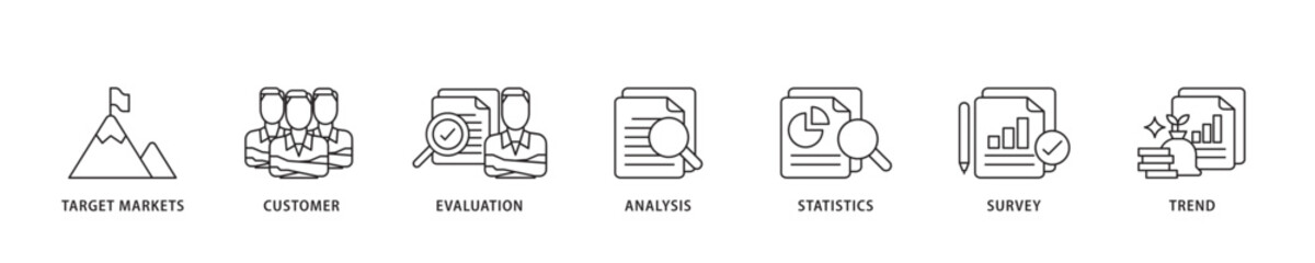 Aufkleber - Market research icon sett lineal illustration concept with icon of target markets, customer, evaluation, analysis, statistics, survey and trend icon live stroke and easy to edit 