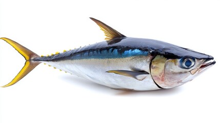 A fish is shown on a white background with blue and yellow fins, AI