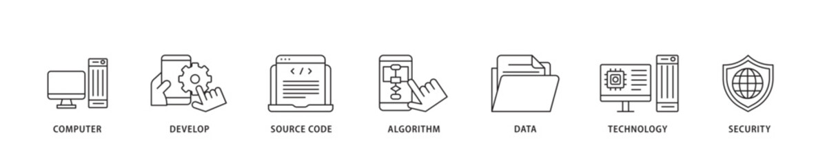 Poster - Programming icon sett lineal illustration concept with icon of computer, develop, source code, algorithm, data, technology and security icon live stroke and easy to edit 