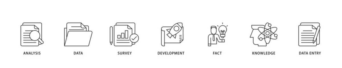 Fototapete - Research icon sett lineal illustration concept with icon of analysis, data, survey, development, fact, knowledge and data entry icon live stroke and easy to edit 