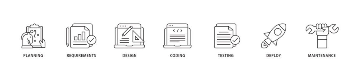 Software development icon sett lineal illustration concept with icon of planning, requirements, design, coding, testing, deploy and maintenance icon live stroke and easy to edit 