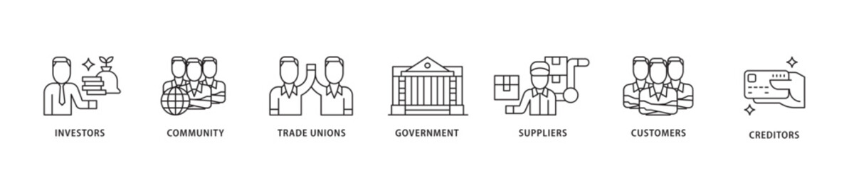 Poster - Stakeholder icon sett lineal illustration concept with icon of community, trade unions, suppliers, and customers icon live stroke and easy to edit 