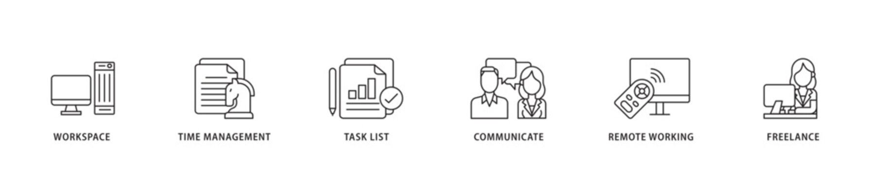 Work from home icon sett lineal illustration concept with icon of workspace, time management, task list, communicate, remote working and freelance icon live stroke and easy to edit 