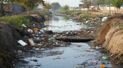 Wall Mural - A dirty water is flowing down a dirt road in the middle of nowhere, AI