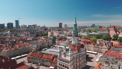 Wall Mural - Skyline cityscape of Poznań, Poland. Panoramic aerial view of Poznan Old Town market square (Rynek) and Town Hall (Ratusz) on a sunny summer day