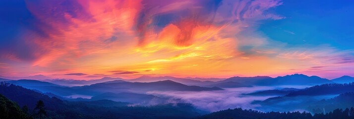 Wall Mural - Lively and colorful sunset sky above a misty valley and towering mountain peaks.