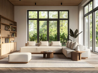 Wall Mural - Modern living room with wooden accents and large windows. 3D Rendering