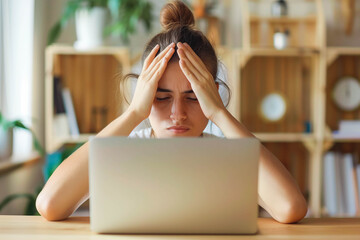 eyes fatigue. young freelancer female massaging nosebridge, tired after working on laptop