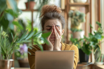 eyes fatigue. young freelancer female massaging nosebridge, tired after working on laptop