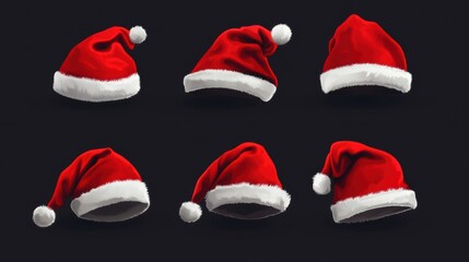 Wall Mural - A set of six santa hats on a black background, AI