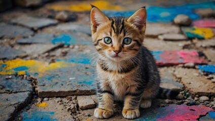 Scared little cat sitting in the street