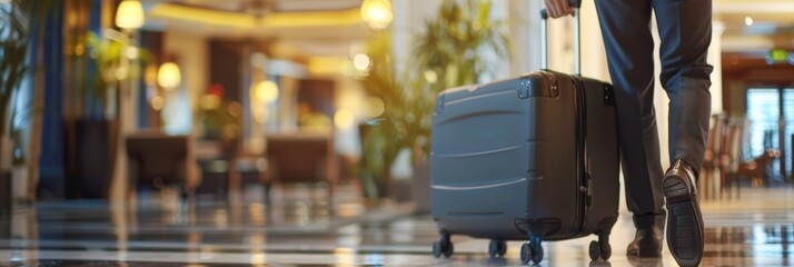 Wall Mural - Hotel lobby concept with a copy space featuring a young businesswoman walking with suitcase.