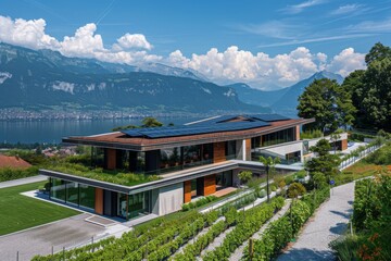 The roof of the hotel is covered with solar panels, surrounded by a hillside and a blue sky