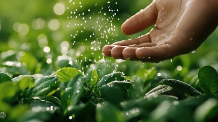 Canvas Print - A person sprinkling water on a green plant with leaves, AI