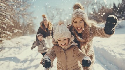 Canvas Print - A woman and two children playing in the snow together, AI