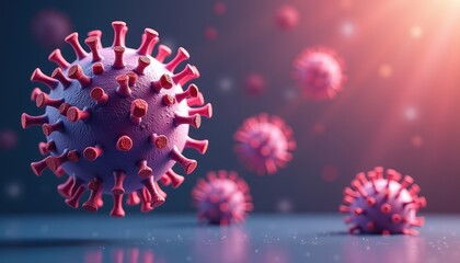 Poster - 3D illustration of a coronavirus particle with red spikes against a blurred background, illuminated by a warm light source.