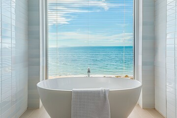 A luxury marble bathtub with sea view of tropical Asia hotel interior, a white and clean bathroom that is comfy and elegant.