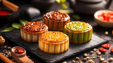 Delicious mooncakes traditional Chinese pastry for Mid Autumn Day festival.