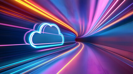 Wall Mural - Futuristic 3D illustration of a neon-lit cloud icon with vibrant light trails in a tunnel. Fast data transfer and cloud computing. Dynamic, bright colors emphasize modern technology.