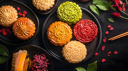 Wall Mural - Delicious mooncakes traditional Chinese pastry for Mid Autumn Day festival.