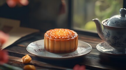 Wall Mural - Mooncake traditional Chinese pastry served with tea for Mid Autumn day festival