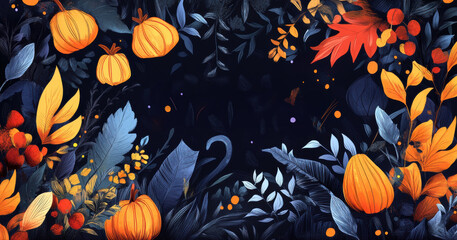 Wall Mural - A painting of a colorful background with pumpkins and leaves, AI