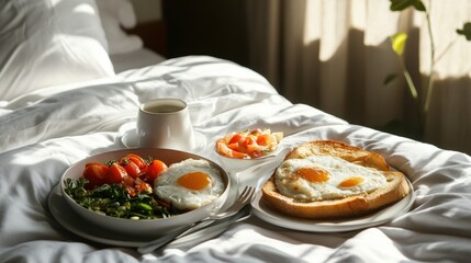 Canvas Print - A bed with a plate of food and coffee on it, AI