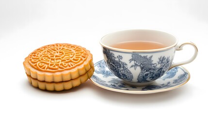 Wall Mural - Mooncake traditional Chinese pastry served with tea for Mid Autumn day festival