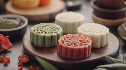 Wall Mural - Traditional Chinese snow skin mooncakes for mid autumn festival with fruit, taro and matcha filling