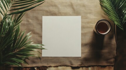 Canvas Print - A blank piece of paper sitting on a table next to some leaves, AI