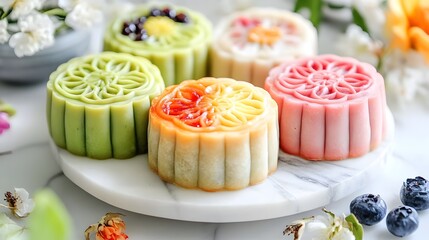 Wall Mural - Traditional Chinese snow skin mooncakes for mid autumn festival with fruit, taro and matcha filling