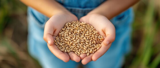 Wall Mural - Child's Hands Holding a Heap of Wheat Grains