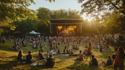 A vibrant outdoor music festival unfolds at sunset, showcasing a large audience enjoying performances in a lush park setting.