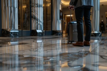 Wall Mural - Confident businessman walking with suitcase in hotel lobby holding smartphone and wearing suit