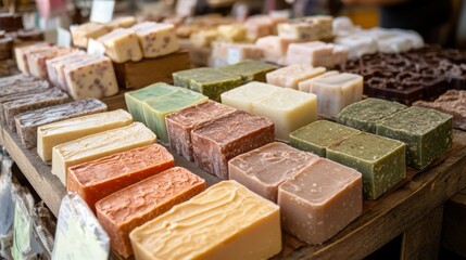 Poster - A variety of colorful handmade soaps are neatly arranged on a wooden table at a lively market stall filled with visitors.