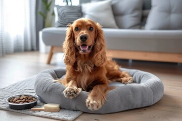 An English Cocker Spaniel in an indoor dog bed. A pet-friendly hotel