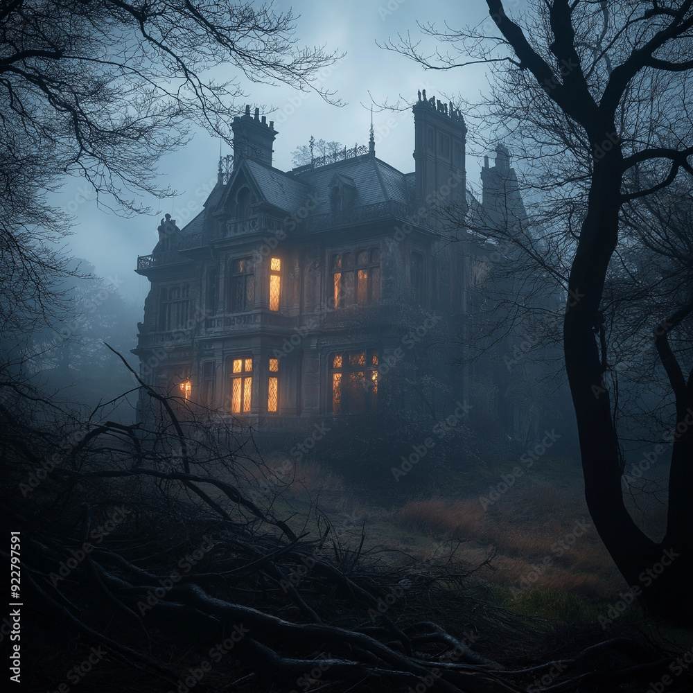 gothic mansion in foggy twilight Stock Illustration | Adobe Stock