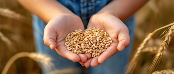 Wall Mural - Child's Hands Holding a Pile of Wheat Grains in a Field