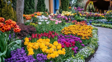 Aufkleber - A vibrant garden displays a variety of blooming flowers, including tulips and pansies, creating a colorful landscape in spring.