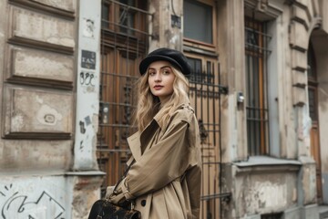 A young elegant woman wearing a beige leather trench coat, a beret and a green faux leather textured crocodile shoulder bag poses on a street in autumn fashion. COPIED, left blank for text.