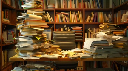 Poster - A small office desk struggling to contain an overflow of documents and files, illustrating the stress of excessive paperwork.