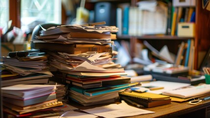 Poster - A small office desk struggling to contain an overflow of documents and files, illustrating the stress of excessive paperwork.