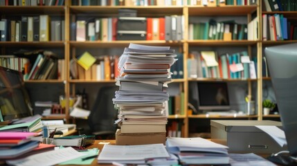 Poster - A small office desk struggling to contain an overflow of documents and files, illustrating the stress of excessive paperwork.