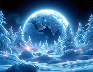 Wall Mural - futuristic cyber earth background with a winter theme, showcasing icy landscapes, holographic trees, and shimmering lights against a dark sky create with ai