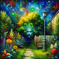 A fantastical garden scene features vibrant flora and swirling, colorful skies. A tree with a human-like face blends into the foliage, adding a mystical touch, to this secret garden, (Gen, A.I.)