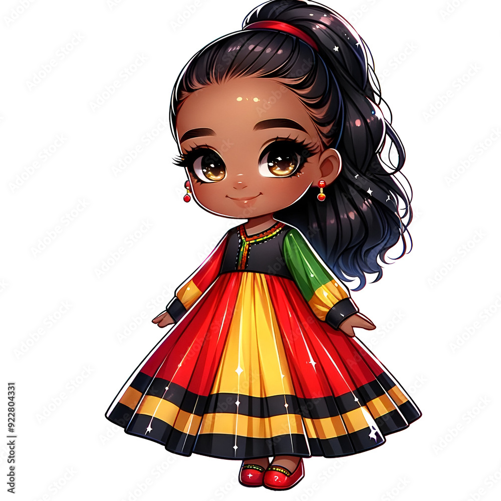 Black Chibi Cartoon Girl with Wavy Ponytail Wearing Festive Dress in ...