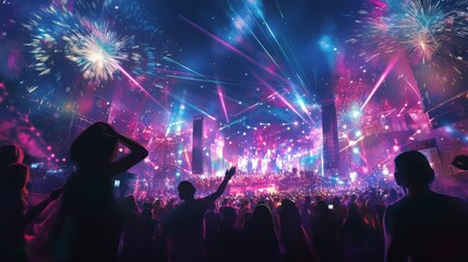 Poster - A large crowd enjoys a lively music festival under colorful lights and dazzling fireworks in the night sky.