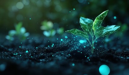 Sticker - A small plant growing on the soil with data visualization lines and small particles floating around it, high technology, beautiful futuristic eco-friendly environment concept shot, ecology