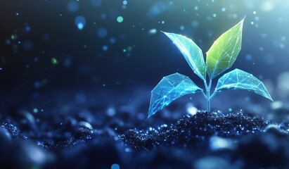 Wall Mural - a small plant growing on the soil with data visualization lines and small particles floating around 