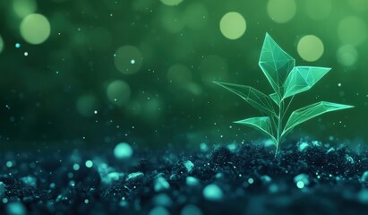 Wall Mural - a small plant growing on the soil with data visualization lines and small particles floating around 